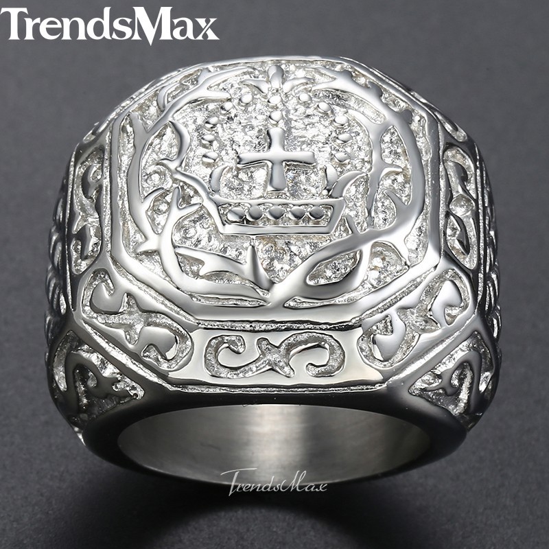 Silver Tone Carved Cross Crown Men Boy Ring Signet Stainless