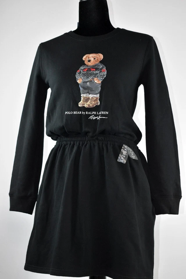 NWT Polo Ralph Lauren Sz XL 16 Girls Black Short Dress Bear Long Sleeves Pockets - Image 2 of 4