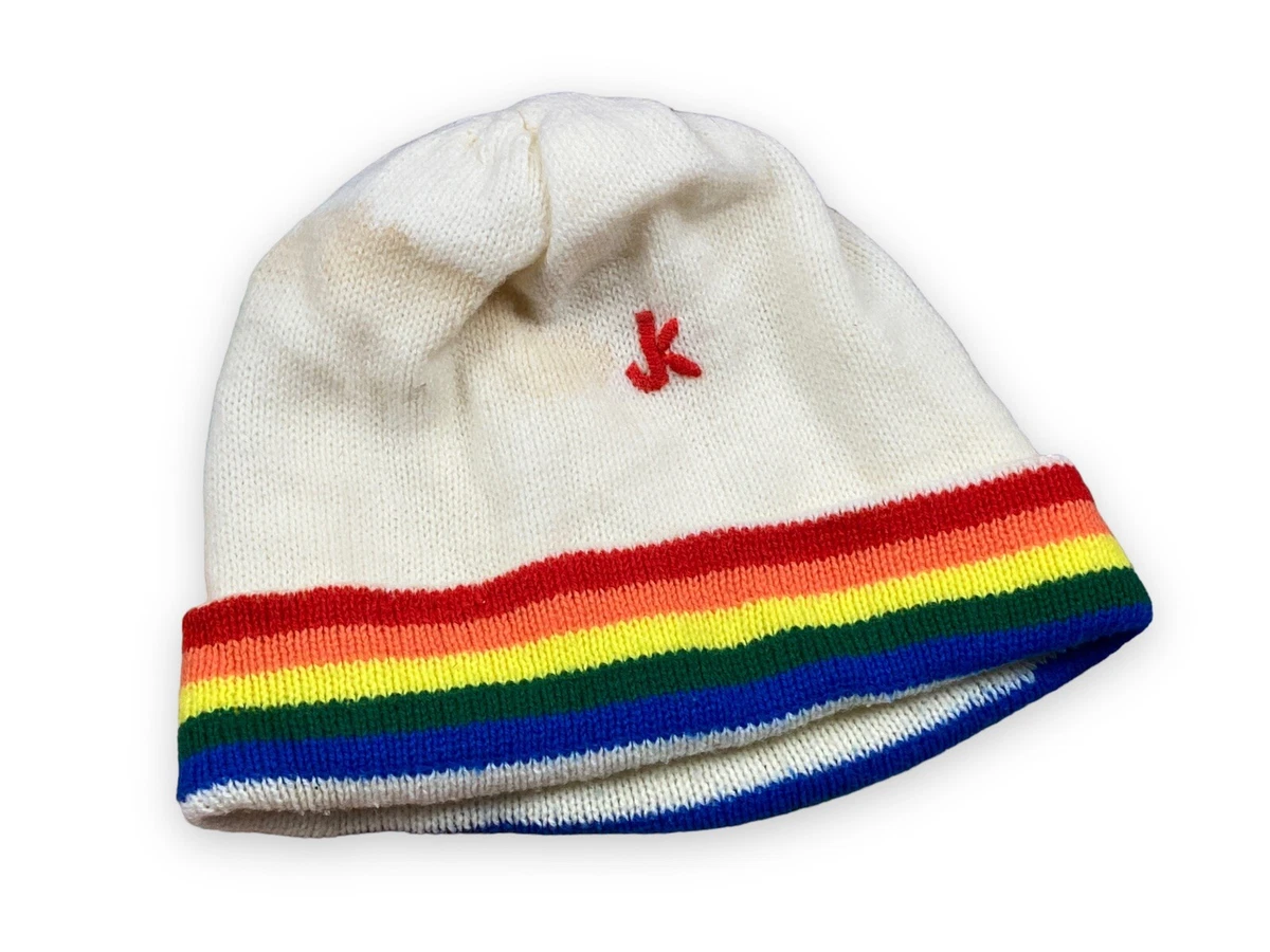 Vintage 70s 80s Van Raalte Cream Rainbow Stripe Winter Cap Hat Beanie Knit