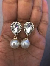 Cream Earrings Pearl Long Dangle Drop Small Gold White Crystal Pageants Bridal