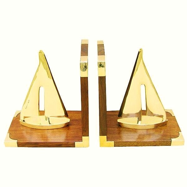 BuchstüTzen Maritim Mit Segelboot 1 Paar Holz / Messing Je Ca. 30,5 X 10 X 17 Cm-image