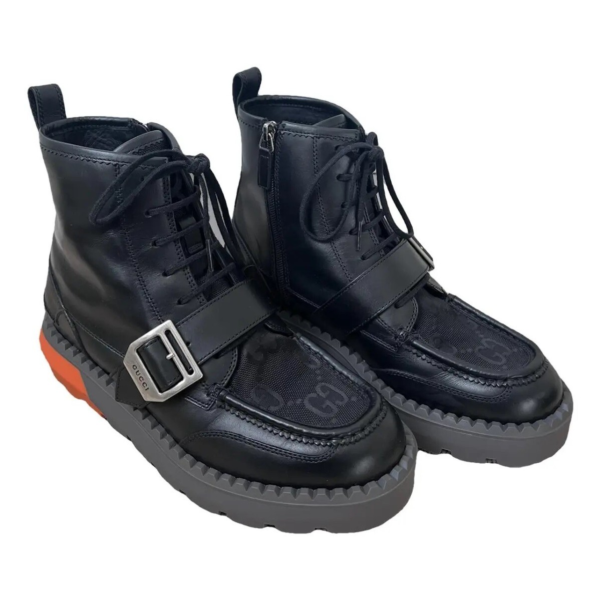 Gucci Men's Chunky Platform Lace-Up Leather Buckle Boots G Gucci Men's Chunky Platform Lace-Up Leather Buckle Boots G