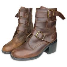 9 Vintage 1990s LIFT Brown Chunky Leather Ankle Boots Buckle Straps Grunge 90s