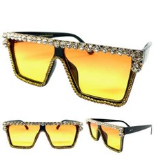 Classy Elegant Modern Retro SUNGLASSES Black Frame Orange Lens Bling Rhinestones