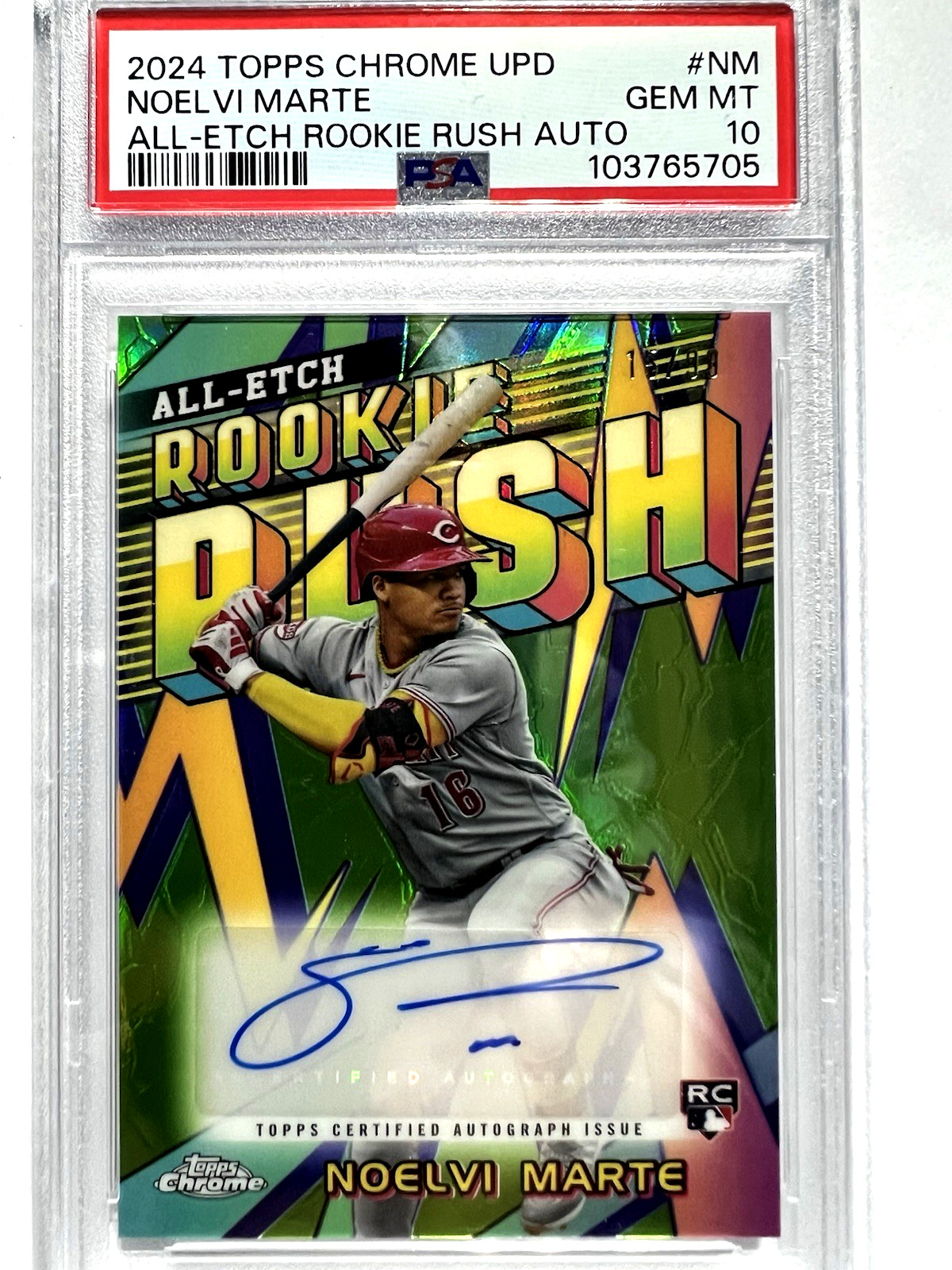 2024 Topps Chrome Update Noelvi Marte All Etch Rookie Rush Auto Green /99 PSA 10