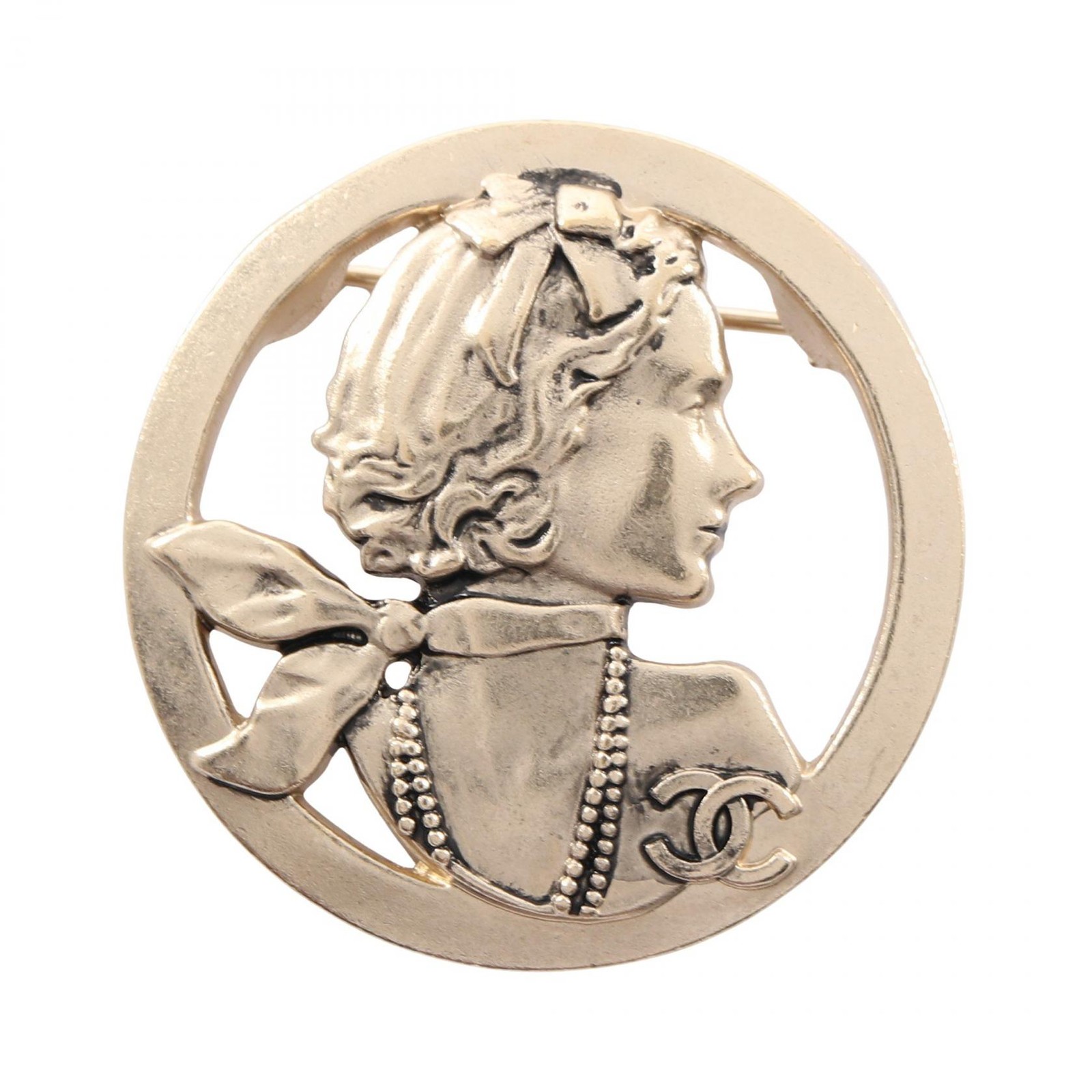 CHANEL Mademoiselle COCO Mark Round Brooch Pin Gold Plated Used Women CC