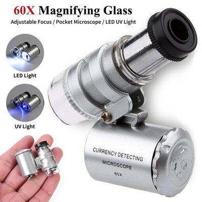 60X Jeweler Loupe Pocket Magnifier LED Eye Glass Coin Mini Microscope UV Light