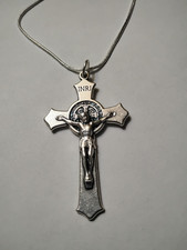 2"  Silver St Benedict Medal Crucifix Cross Italy 925 Sterling chain Necklace