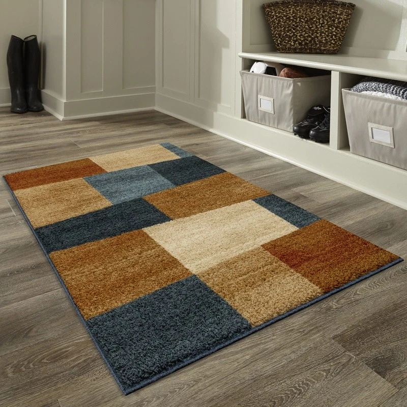 Geometric Multicolor Area Rug Warm Blocks Indoor Machine Washable Durable Carpet - Image 3 of 4
