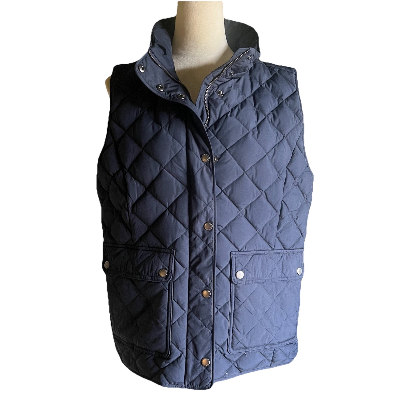 Talbots Navy Blue Quilted Vest Zip/snap Front Pockets Women’s L Winter wear