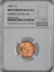1944-P  1C LINCOLN WHEAT CENT NGC MS66 RD MINT ERROR "CURVED CLIP"  #8340710-001