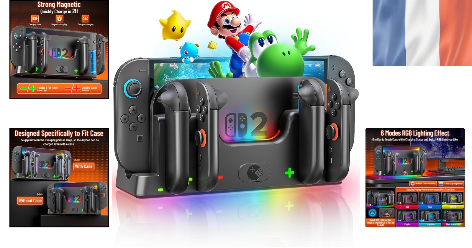 Dock de charge rapide Joy-Con Switch 2 Wenocally avec éclairage LED RVB