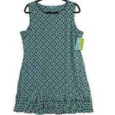 Anthonys Resort Wear Blue & Green UPF 50+ Sleeveless Dress With Ruffle Hem Sz XL