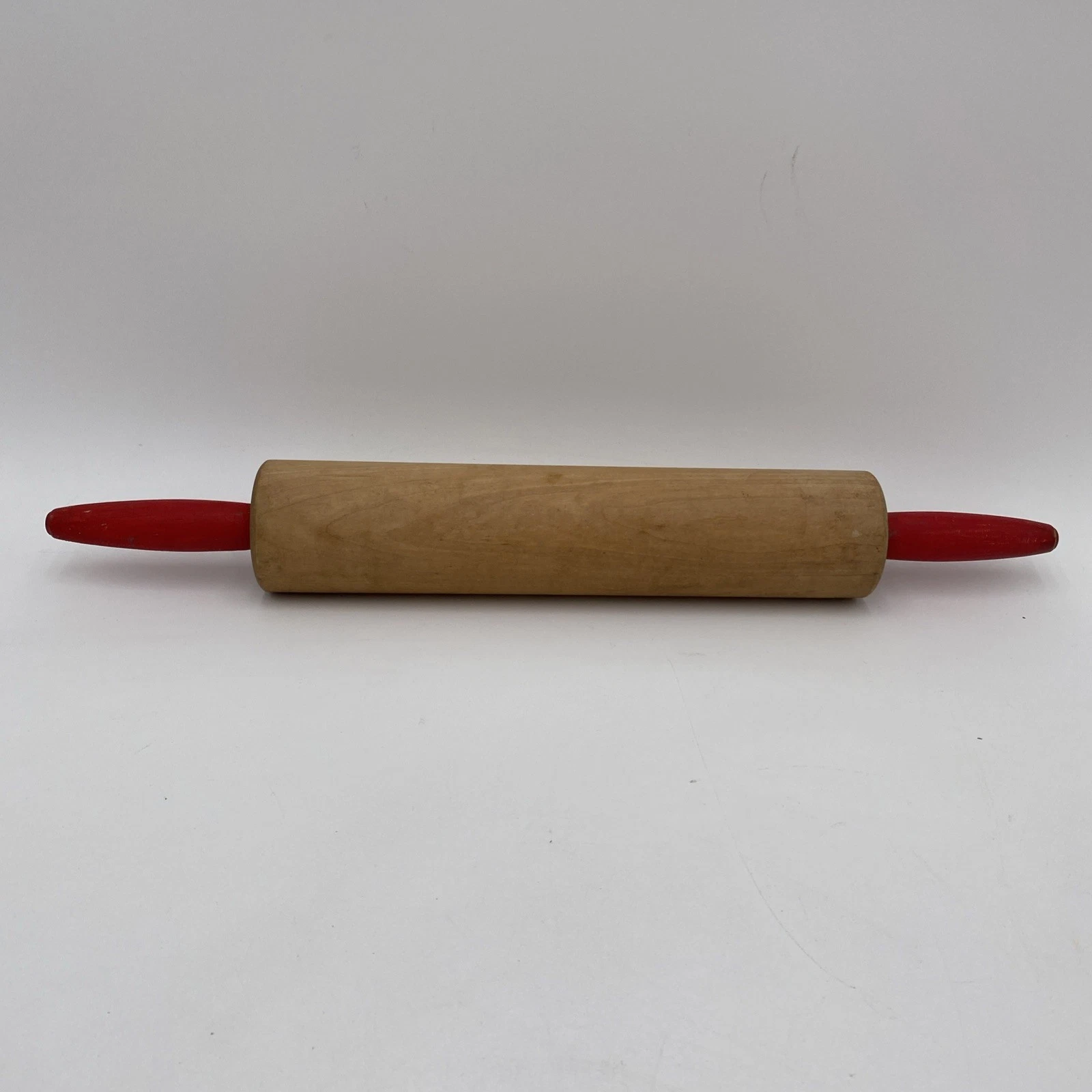 Vintage Wood Rolling Pin Red Handles Farmhouse Country Primative Wooden 18" Long