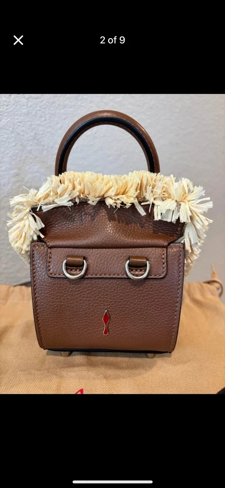 Christian Louboutin Paloma Nano Brown Leather Raffia Satchel Crossbody Bag - Image 3 of 4