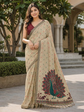 Aadatein Peacock Feather Print Cotton Saree with Designer Tassel Pallu