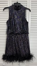 Eliza J Women's Feather-Trim Sequin Mock-Neck Dress Size 8 NWT
