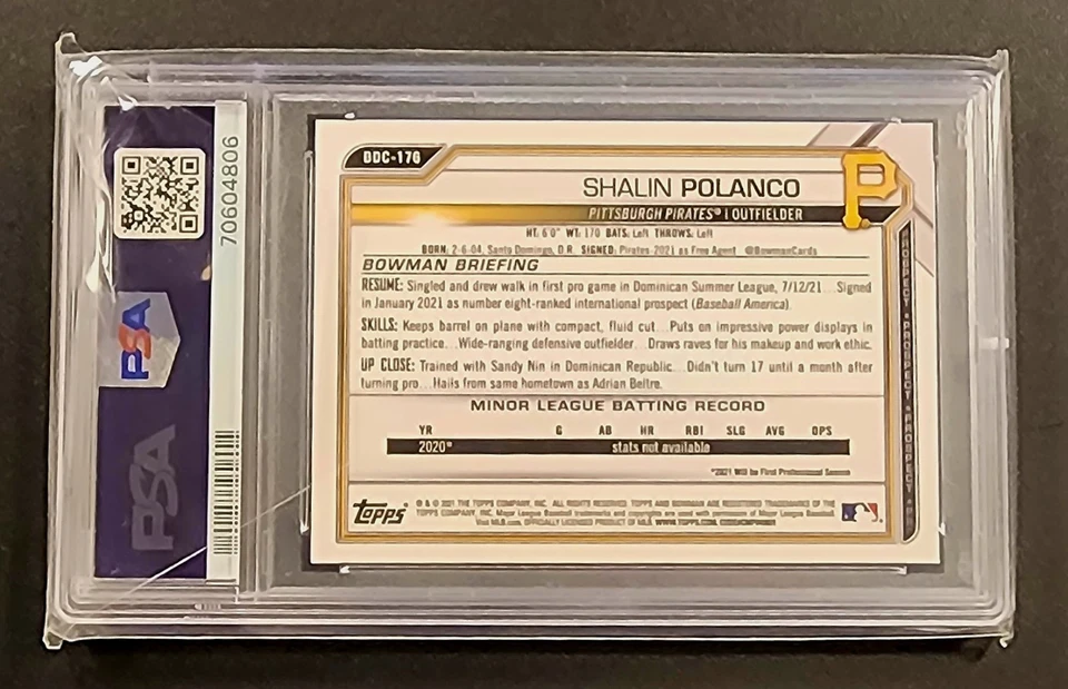 2021 Bowman Draft Chrome #BDC176 Shalin Polanco Chrome Sapphire EdAqua PSA MT 10 - Image 2 of 3