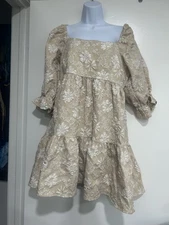 Entro Cream Cottagecore Whimsical Floral Babydoll Dress Women's Large. New w/tag