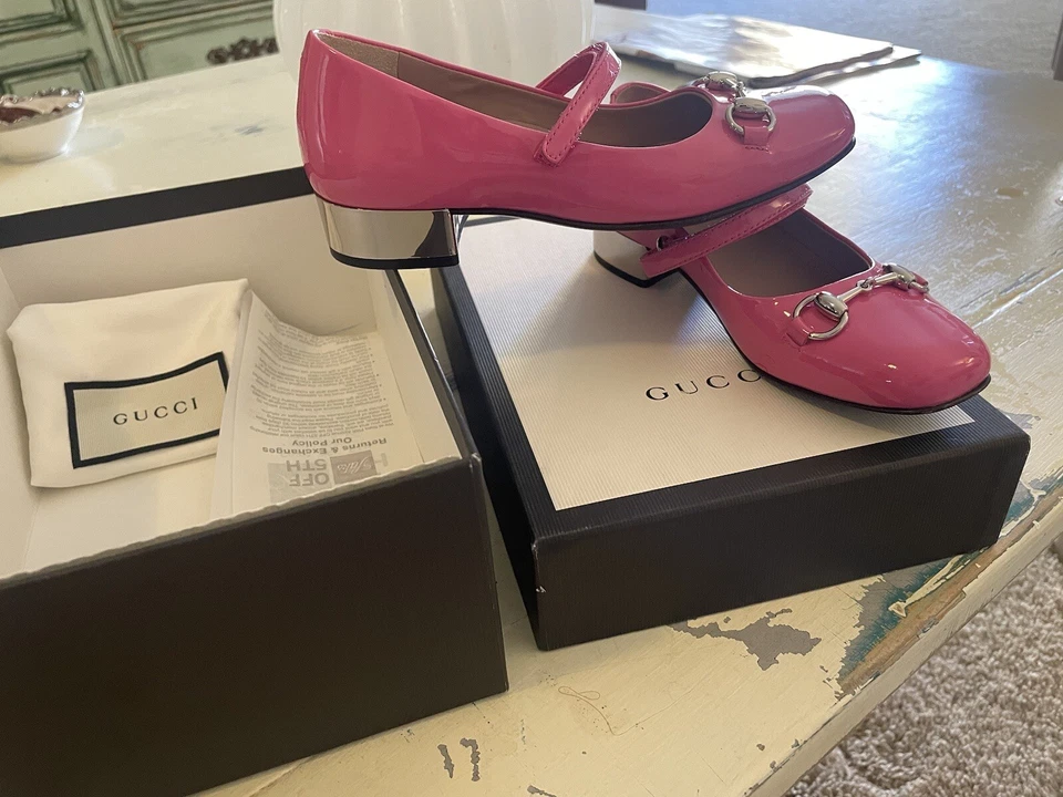 Nuevo W Caja Niñas Gucci Rosa Charol Plata Caballo Broca Ballet Pisos, Talla 30 Foto 2 de 4