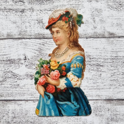 um 1900 Frau Kleid Hut Federn Mode Blumen Rose Victorian Glanzbild Ephemera alt