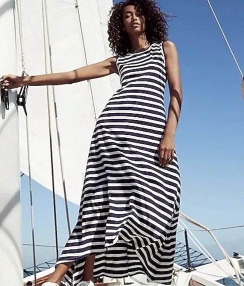 blue and white striped jersey maxi dress New J.Crew High Low Size Small Navy Ivory christmas Tree