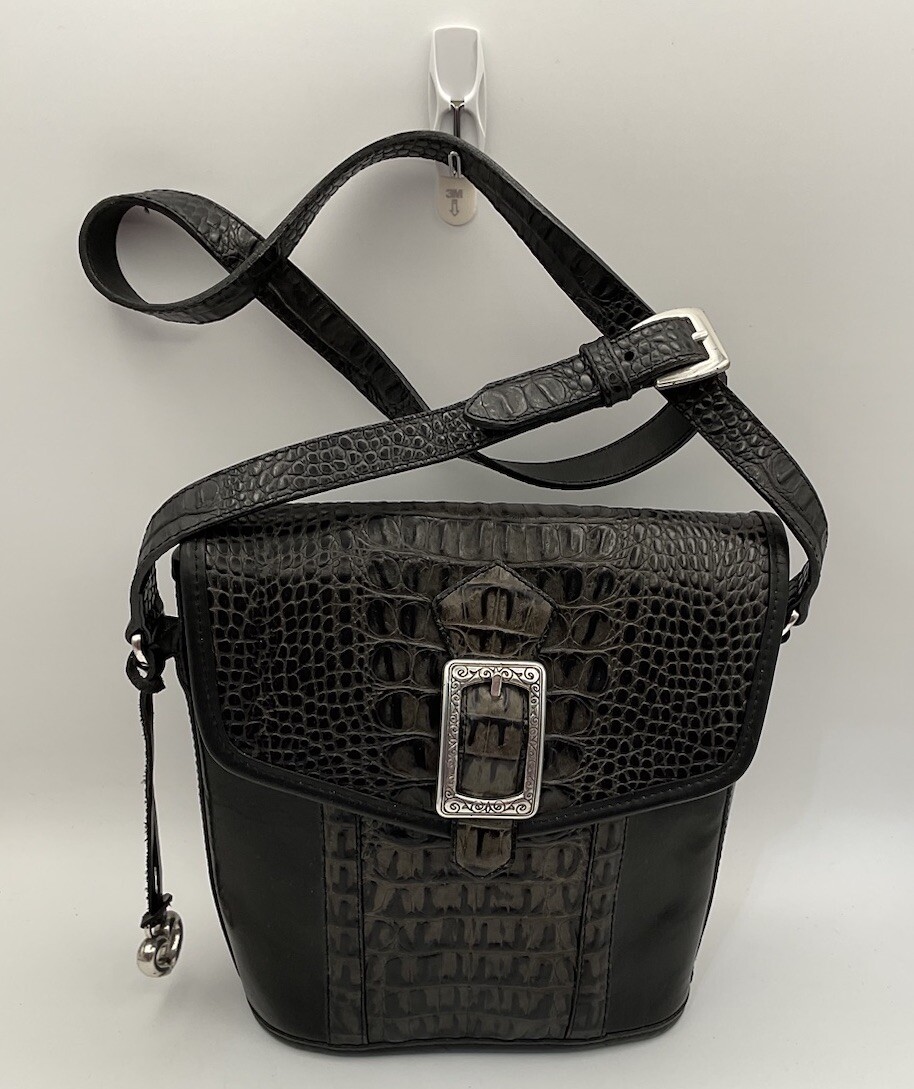 Brighton Black Tooled Leather Crossbody Bucket Style Bag Registered