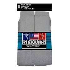 6PK TUBE SOCKS COTTON SOLID GRAY HI 22 INCH LONG SOCKS 10-15 CUSHIONED