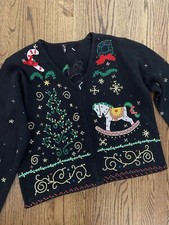 Vtg Over The Top Crazy Busy Ugly Christmas Zip Sweater Glitz Glam XL