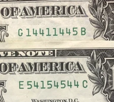 Lot of 2 Trinary Notes 1s 4s 5s One Dollar Bill Series Fancy Serial Numbers