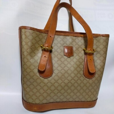 Celine Macadam Tote bag logo PVC leather color beige brown fashion goods women