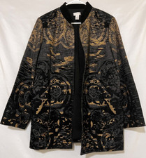 Chicos Womens 2 Black Gold Brocade Knit Open Blazer Lined Jacket Wool-Blend