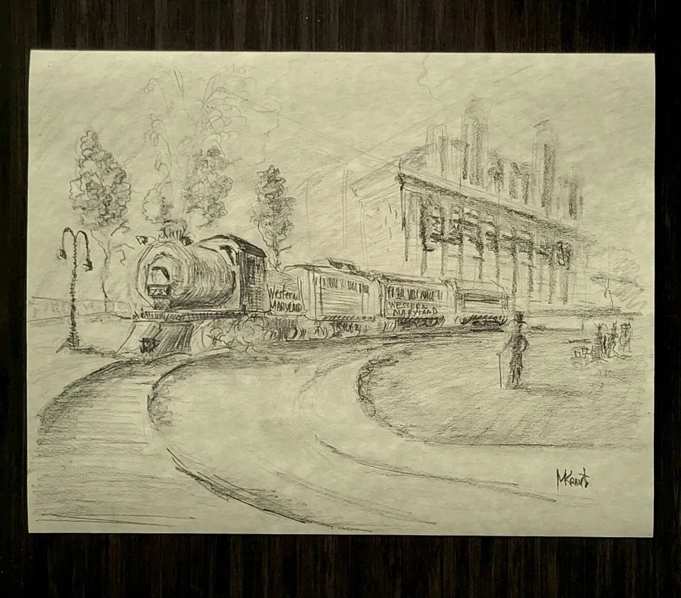 Dibujo original Cumberland Valley Rail Road tren de vapor arte firmado enmarcado 16x13 Foto 2 de 4