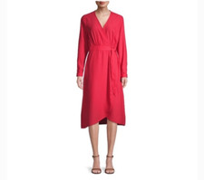 Time & Tru Midi Wrap Dress Womens Size M Red Long Sleeve Tie Waist Vintage Look