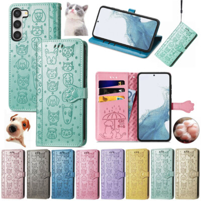 For Samsung S25 S24 S23 S22 21 20 Ultra Plus Case Cat & Dog Leather Wallet Cover