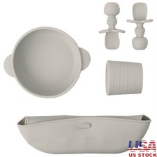 Baby Led Weaning Set 5PC Silicone Dishware BPA Free Suction Bowl Cup Bib Spoons