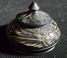 Vintage Hand Carved Wooden Black Trinket Box With Flower Pattern