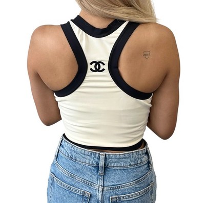 CHANEL Vintage CC Logo Spandex Cropped Tank Top #38 Cream Black