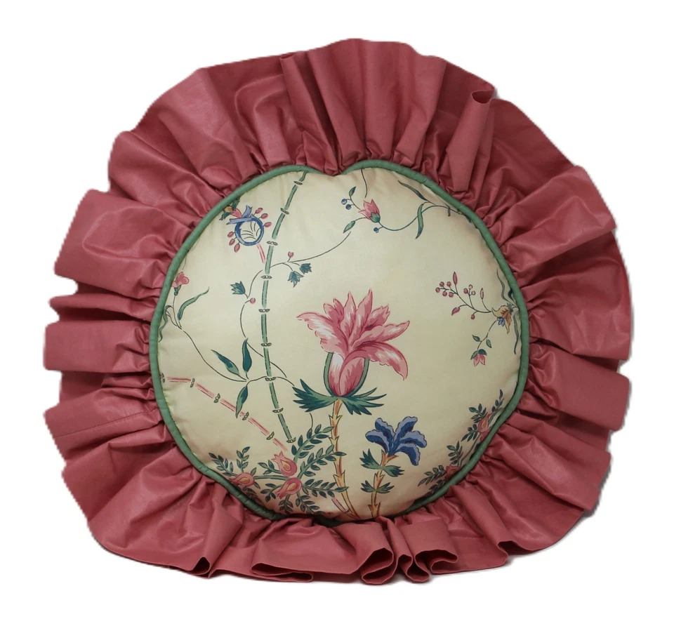 2 Vintage Round Throw Pillows Ruffle Accent Shabby Cottagecore Pink Floral 14" - Image 2 of 4