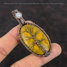 Copper Ocean Jasper Gemstone Rainbow Moonstone Wire Wrapped Tree Of Life Pendant