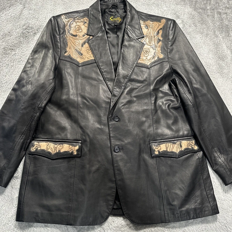 Chaqueta Blazer Western Scully Para Hombre 48 Cuero Negro Tooled Bordado Vaquero Foto 2 de 4