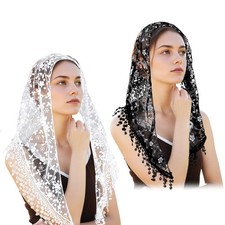 JJUNW 2 Pcs Mass Veil Triangle Cathedral Head Covering, Chapel Veil Lace Shawlr 