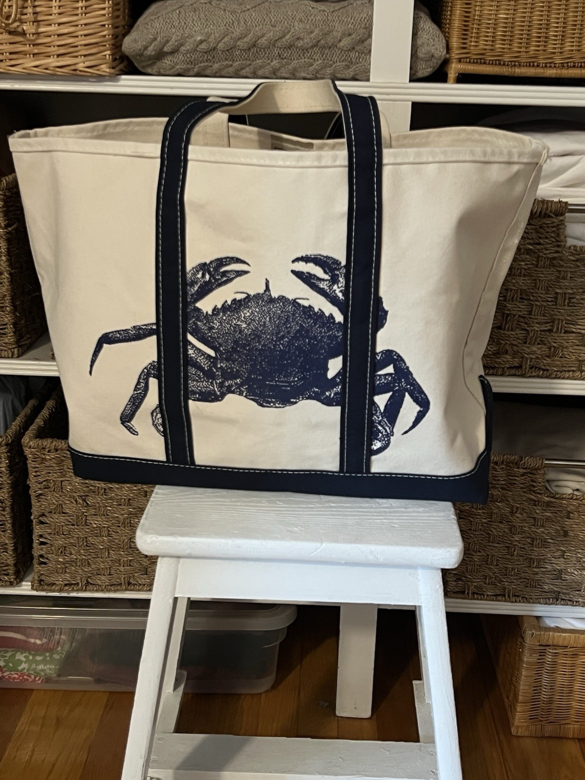 Vintage Ll Bean Boat Tote Navy Large Limited CRAB Regular Handles NWOT