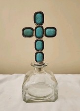 Short Antique Glass Bottle with Turquoise Cross 9.5" Tall
