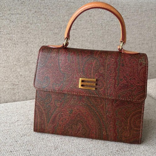 Etro Brown Paisley Top Handle Bag Womens Leather Gold Hardware 9.3in 7.5in