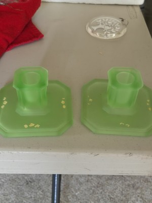 Pair Green Vaseline Glass Art Deco Octagon Base Taper Candle Holders