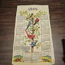 Vintage Linen Fabric Calendar 1969 6 Birds Multicolor MCM. 16x28 In