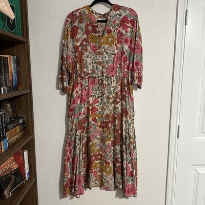 Floral Print Maxi Dress L Long Sleeve V Neck Lined Boho Hippie