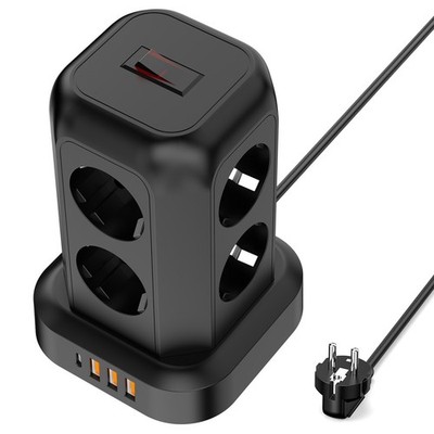 8 Fach Mehrfachsteckdose Tower 4 USB Überspannungsschutz 1.8M Multi Steckdosen