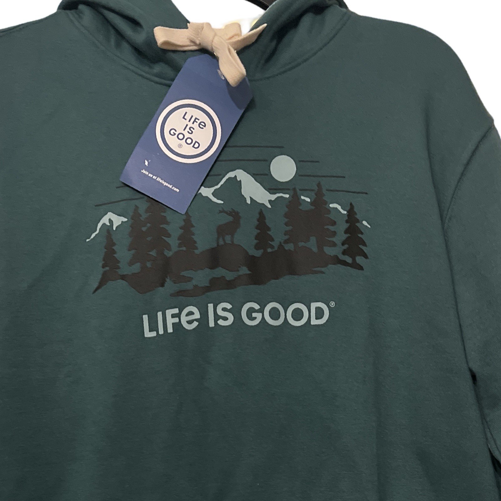 NWT Life Is Good Hoodie Mens Medium Green Mountain Forest Deer Graphic Pullover image 2
